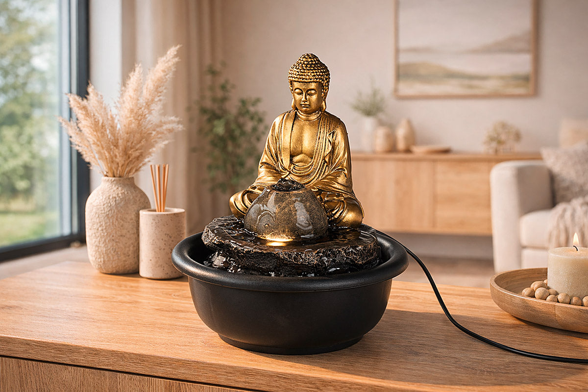 Tischbrunnen Samadhi Buddha Gold Ruhequelle Zenbrunnen