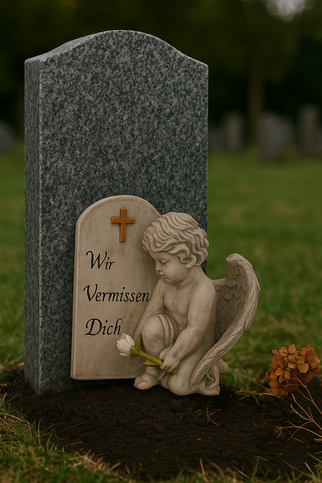 Gedenkfigur Solana Engel mit Spruchstein Wir Vermissen Dich grau 20cm