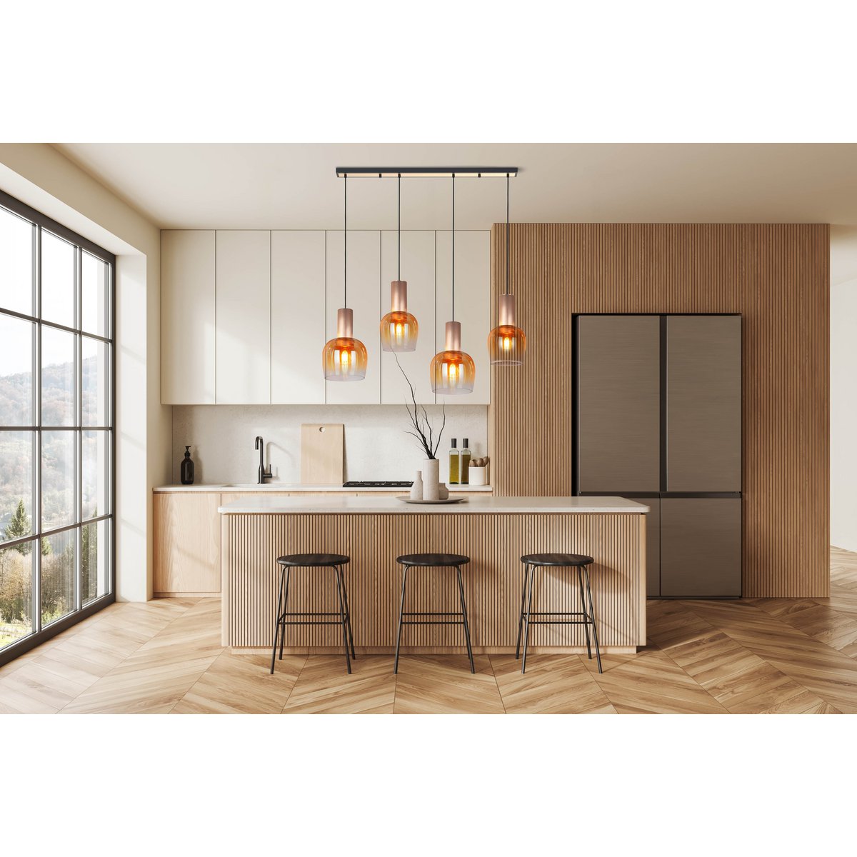 4-er Pendelleuchte "Funda", Retro Pendellampe aus amberfarbenem Glas und matt gebürstetem, messingfarbenem Metall, mit E27-Fassungen, 111 cm lang, 150 hoch, ideal für Esszimmer, Wohnzimmer und Küche.