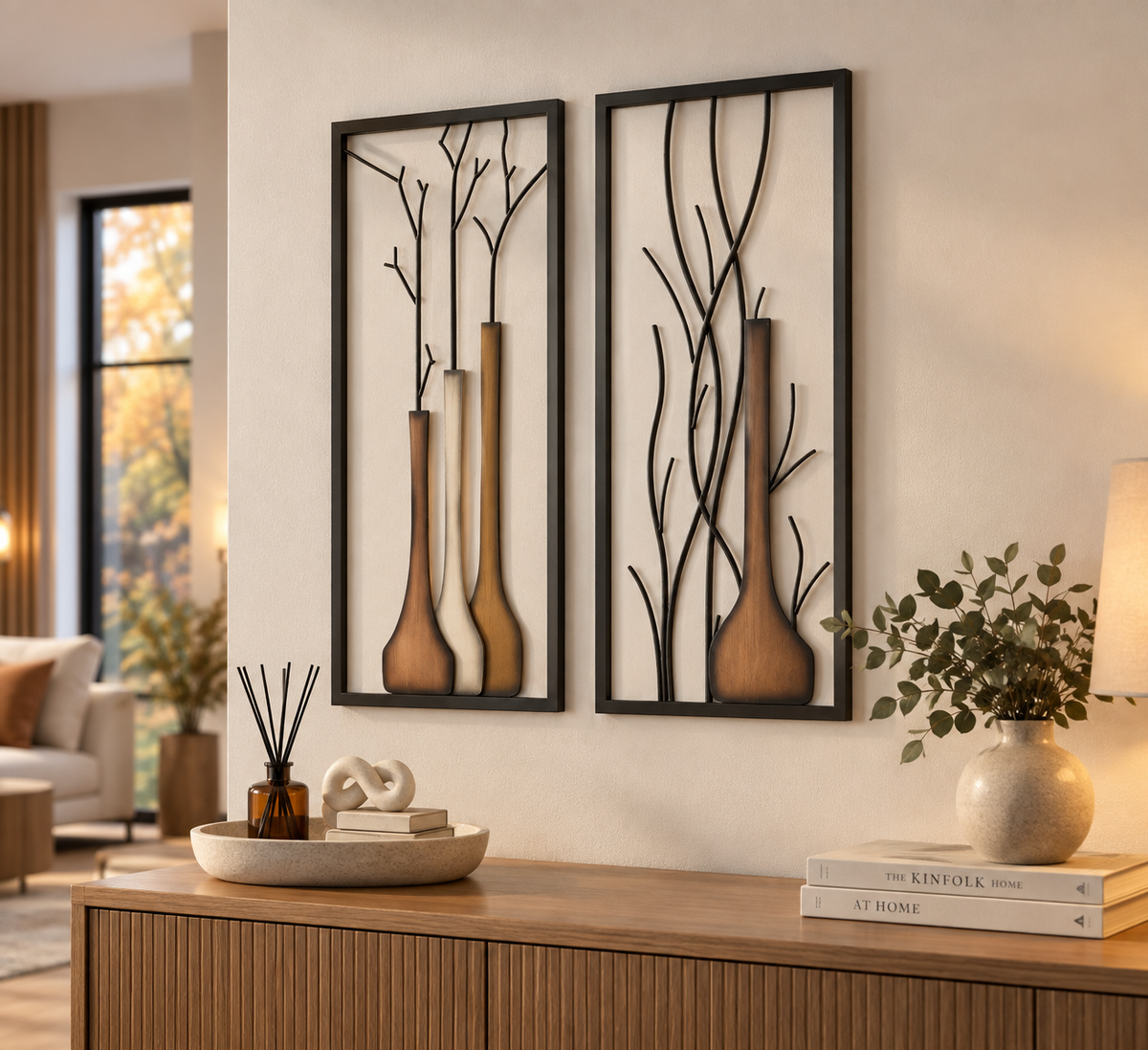 Wall art, set of 2 vases, autumn/winter design, hand-painted metal, 80x40cm