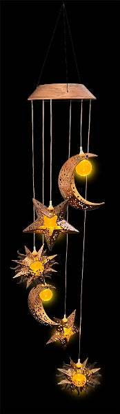 Solarbetriebenes Windspiel mit Sonne, Mond und Sternen - LED-beleuchtet, 84cm