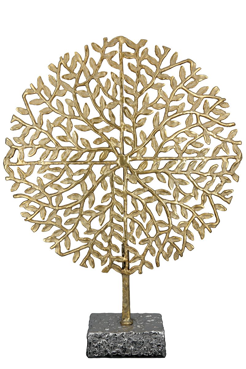 Elegante Aluminium Skulptur 'Tree' – Goldene Schönheit auf silberfarbenem Sockel