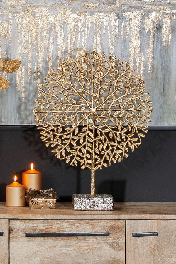 Elegante Aluminium Skulptur 'Tree' – Goldene Schönheit auf silberfarbenem Sockel