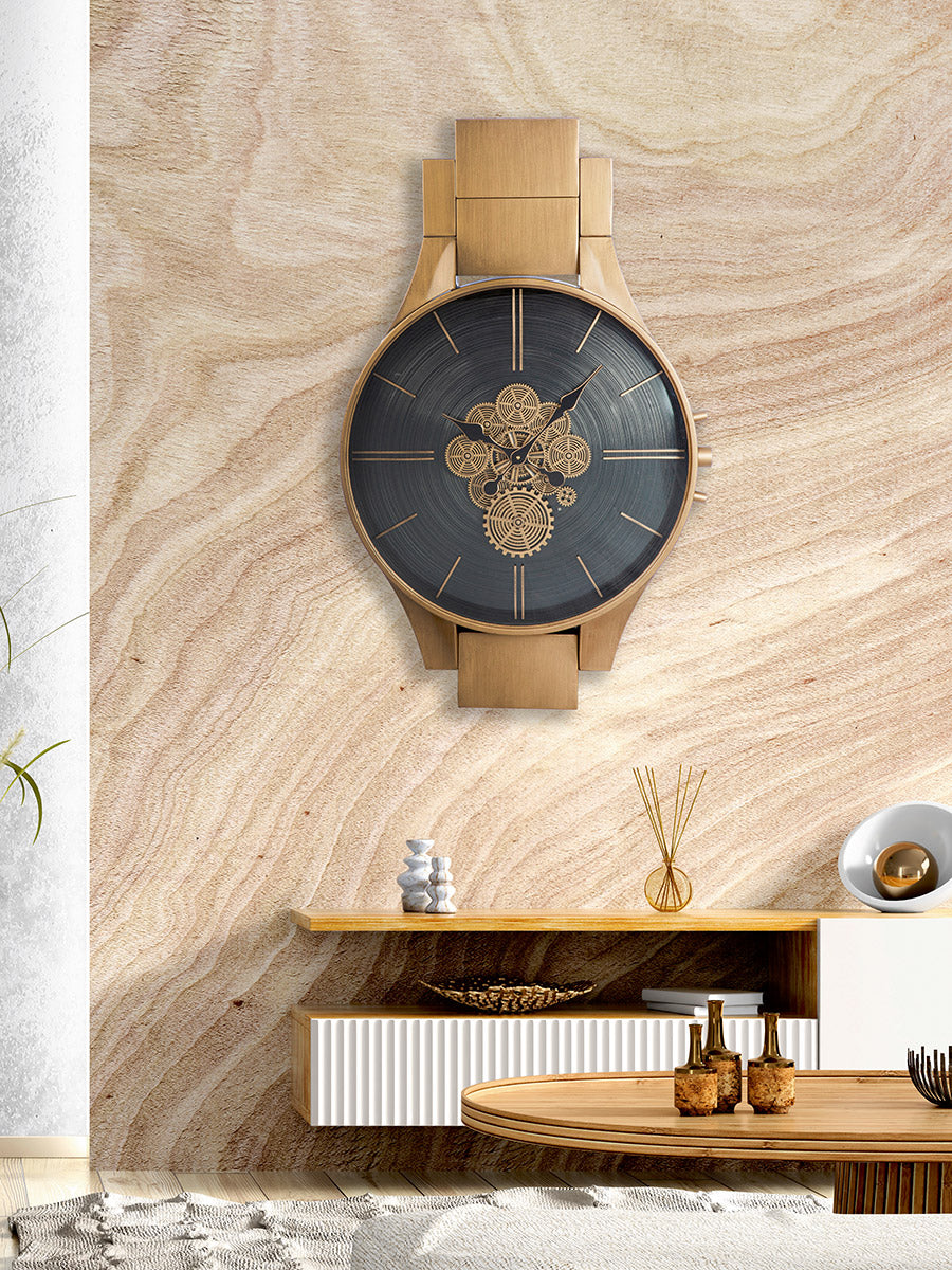 Wanduhr Timing moderne Designuhr kupferfarben mit Zahnrädern 99 cm