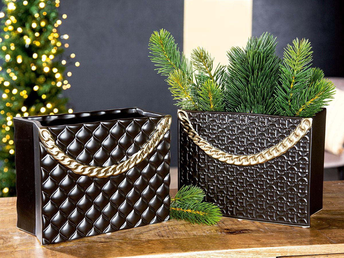 Designer Keramikvase 'Rom' in Handtaschenform mit Kettenhenkel – 20x25,5 cm schwarz