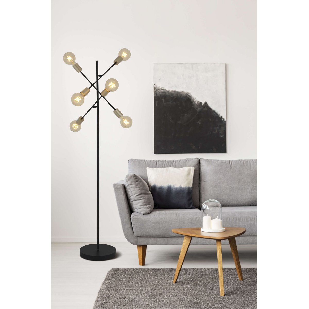 Stehleuchte "MODO" aus Metall in Schwarz,, Fassungen in Gold, E27-Fassung, Stehlampe für Wohnzimmer, Esszimmer, Küche, Diele, Flur oder Büro, 150 x 49 cm