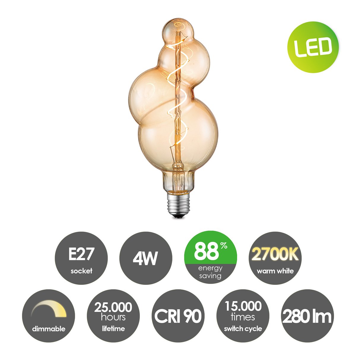 Dimmbare LED Bubble Spirale E27 4W 280Lm 2700K Bernstein