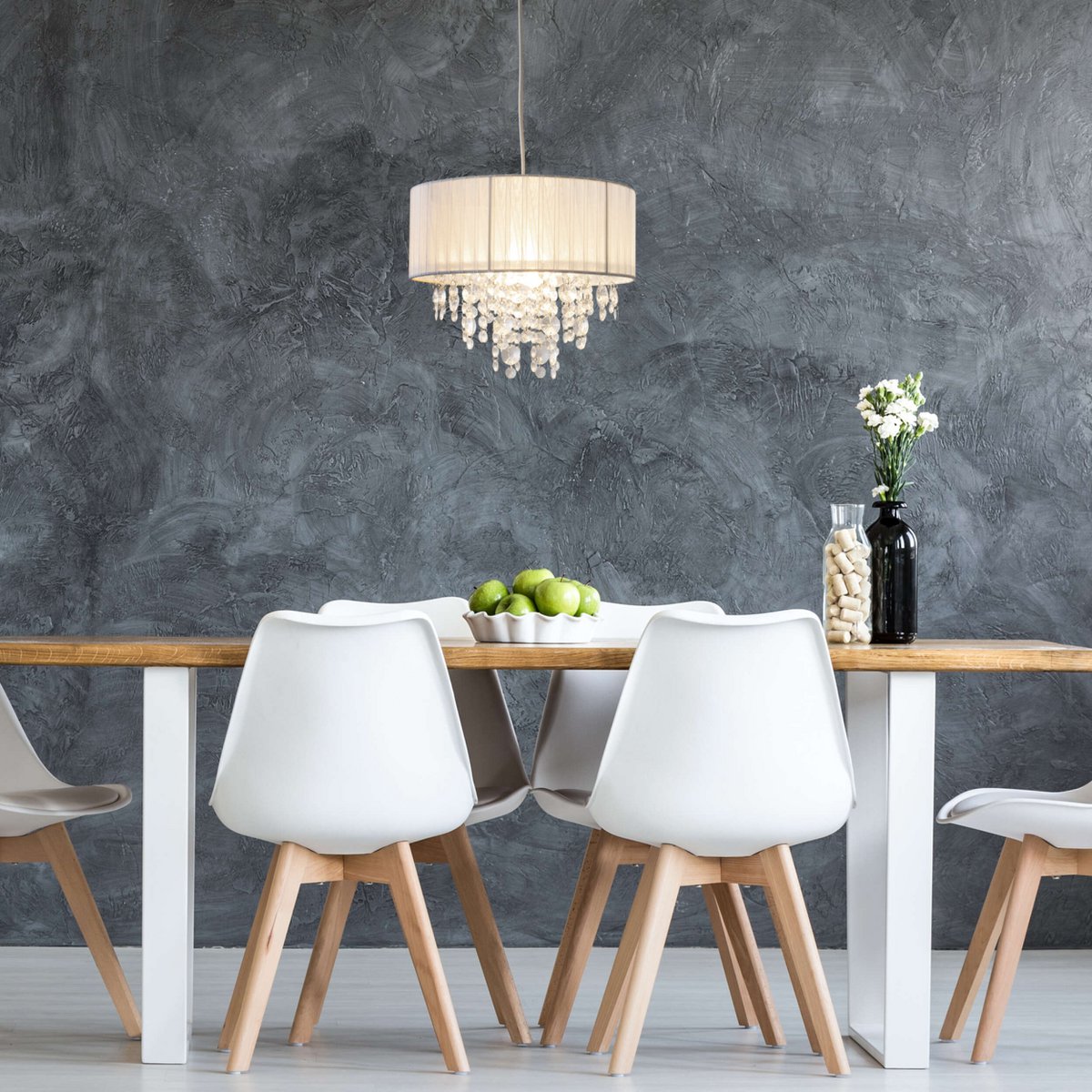 Deko-Pendelleuchte "KRISTALLO", Hängelampe aus Metall, transparentem Kunststoff und weißem Textilmaterial, E27-Fassung, für Esszimmer, Wohnzimmer, Diele oder Büro, 30 cm Durchmesser