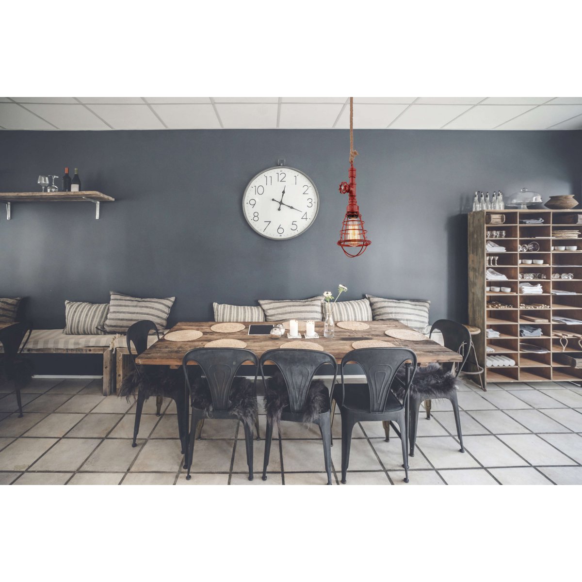 Pendelleuchte "REGIA", rotes Metall, Hanfseil, E27-Fassung, Beleuchtung für Wohnzimmer, Jugenzimmer oder Büro