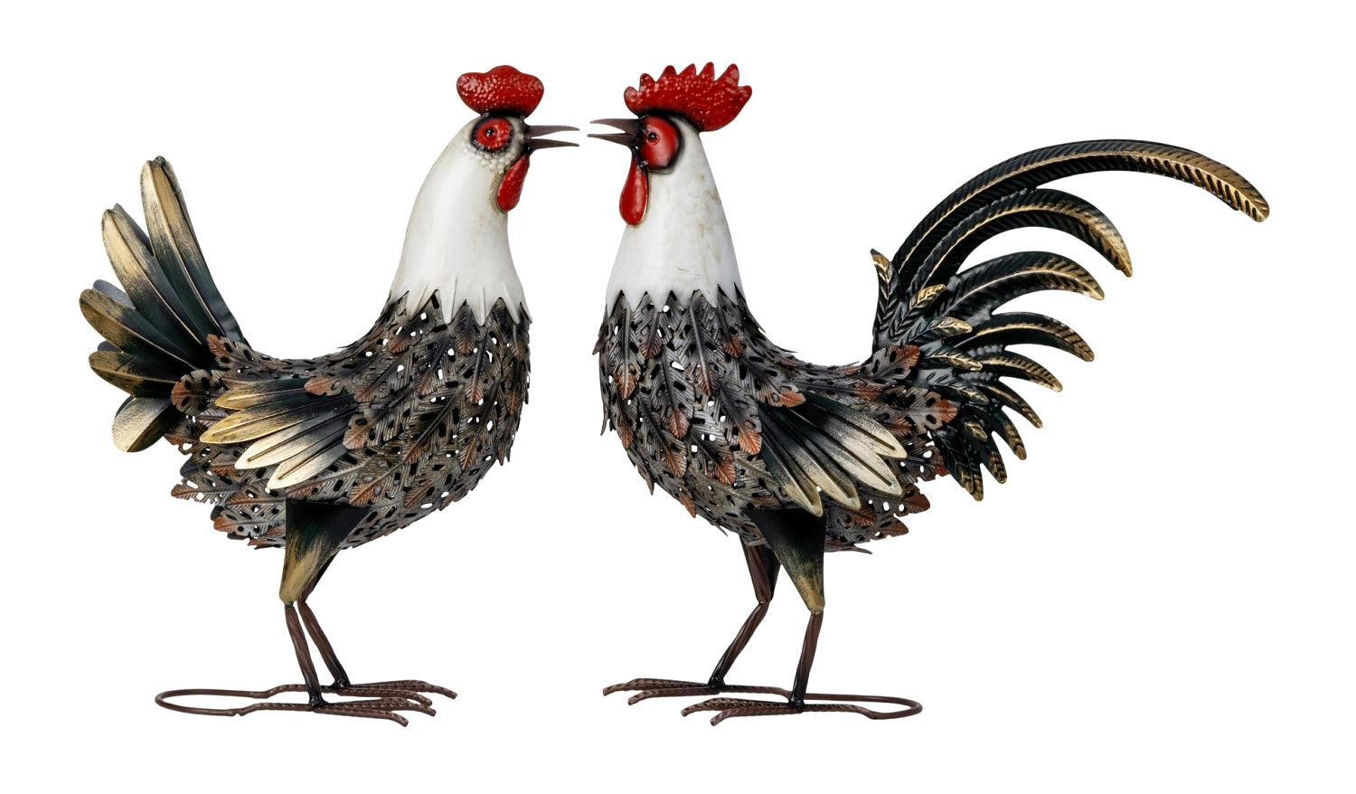 Metall Hahn und Henne Deko Figur Set Stehend Bunt