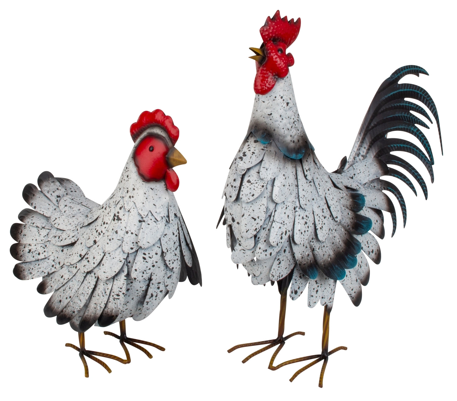 Metall Hahn und Henne Set Cluckia gepunktet stehend Gartenfigur 2er Set