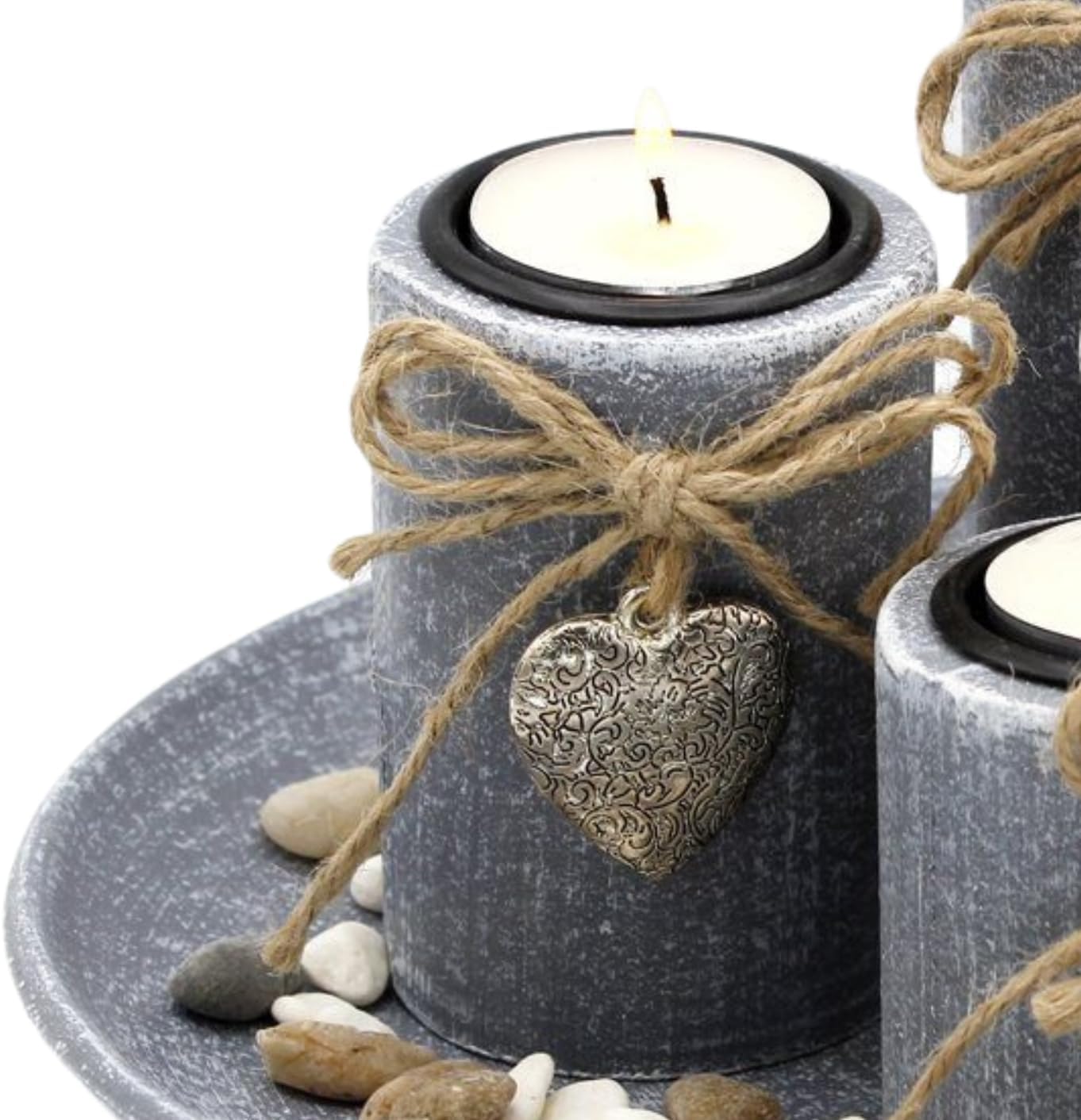 Runde Dekoschale aus Holz mit 3 Kerzenhaltern und Dekosteinen - MF: Stilvolles Accessoire für gemütliches Ambiente