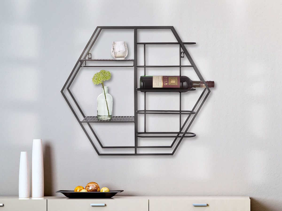 Weinregal Metall Schwarz für 5 Flaschen mit Weinglashalterung