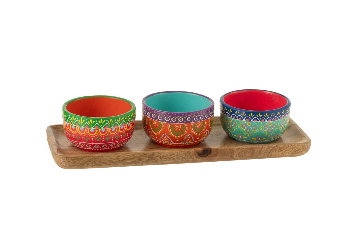 Servierset Mumbai – 3 Terracotta-Schalen mit Holztablett