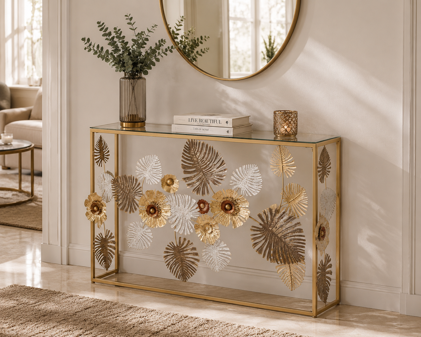 Konsole Floral Blattdesign Glasplatte Glam Floris Metall
