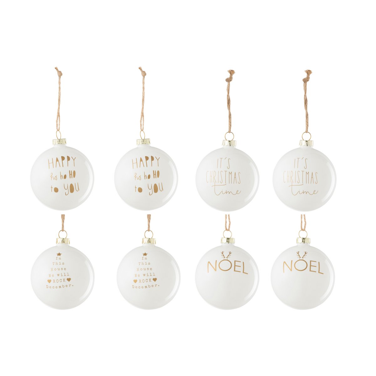 J-Line Box mit 8 Weihnachtskugeln 2+2+2+2 Text Weihnachtsglas Weiß/Gold