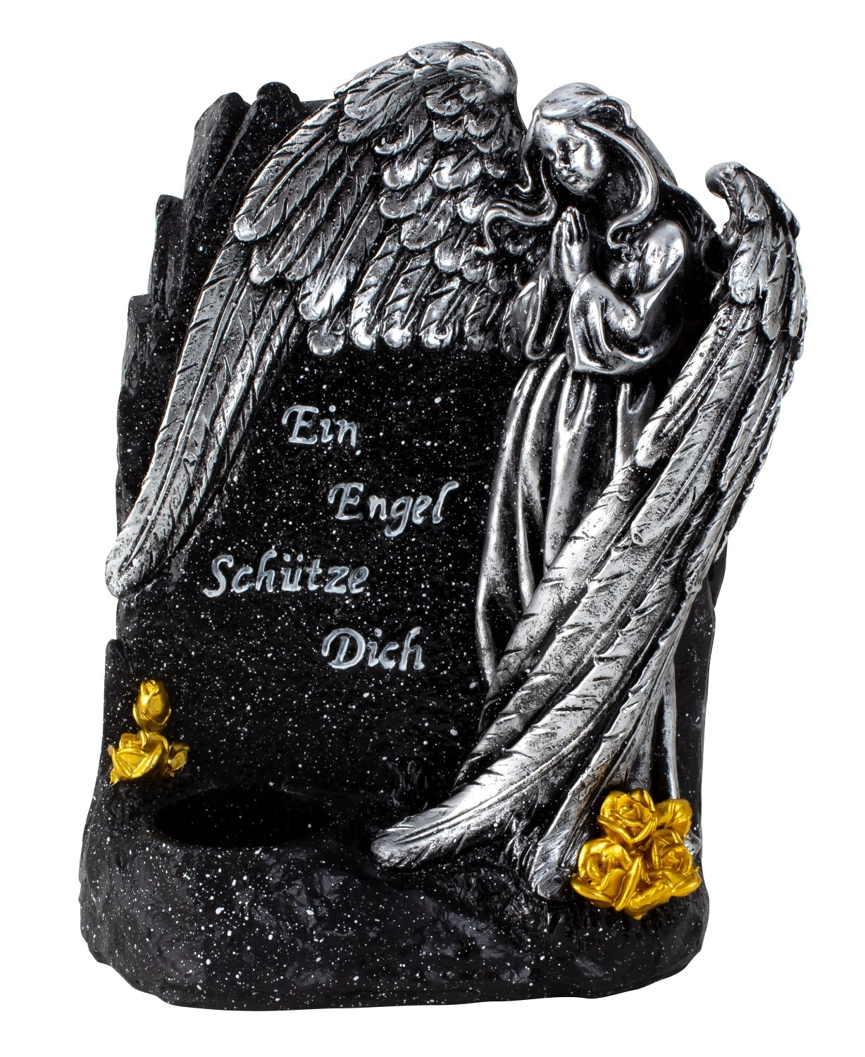 Grabengel Schutzlicht mit Spruch und Kerzenhalter in Schwarz Silber Gold