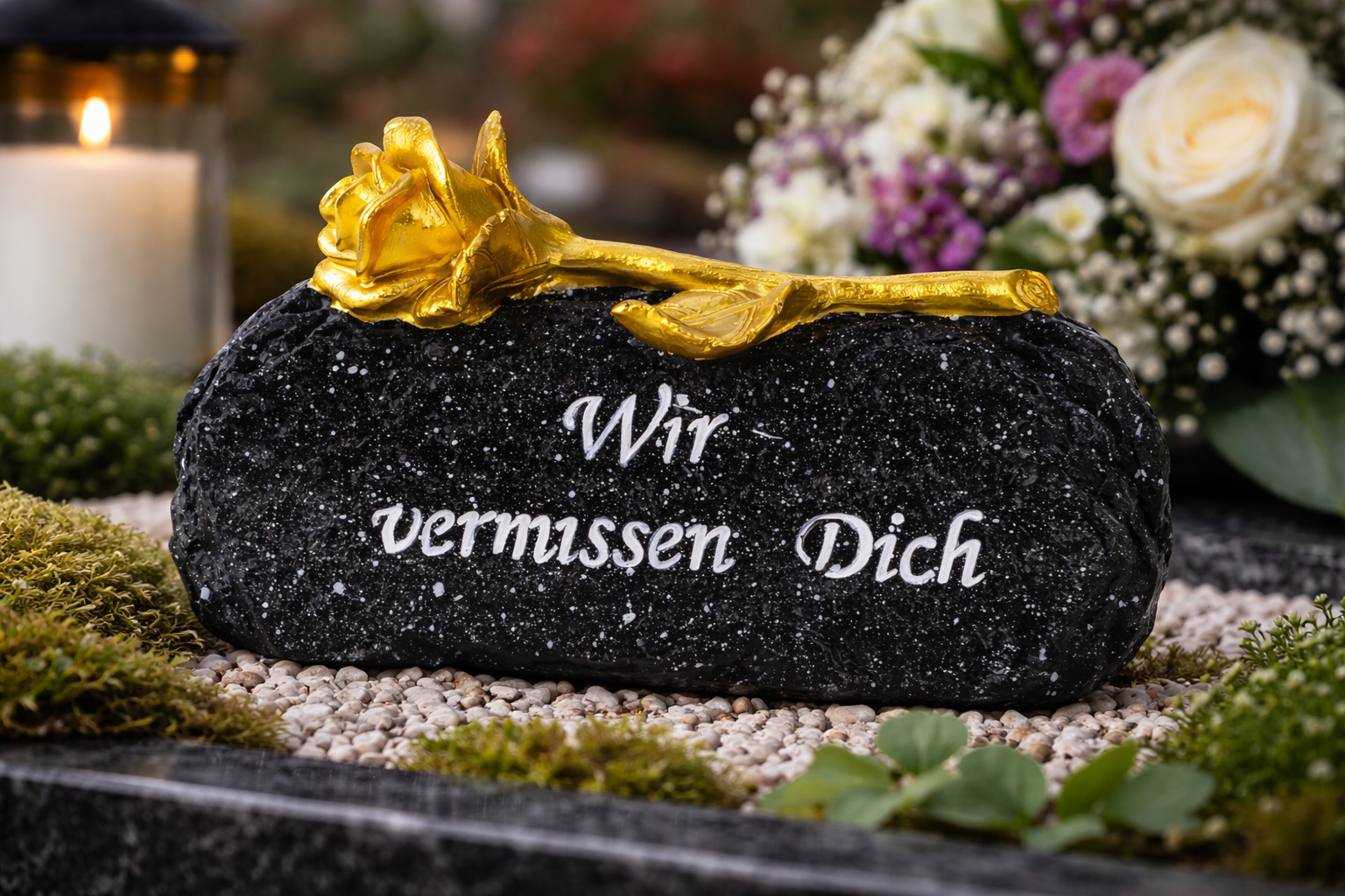 Gedenkstein Aurora mit Goldrose Wir vermissen Dich 16cm