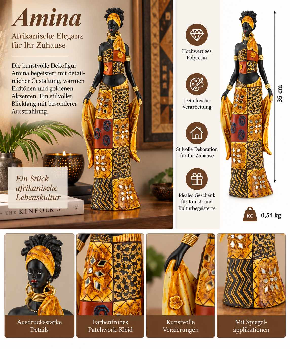 Decoratief figuur Nala – Afrikaanse vrouw met kleurrijke jurk 35cm