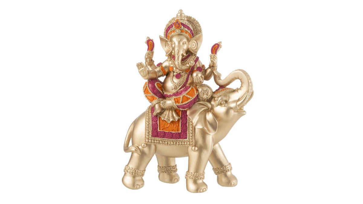 Ganesha Statue auf Elefant – Goldene Hindu-Figur mit Verzierungen