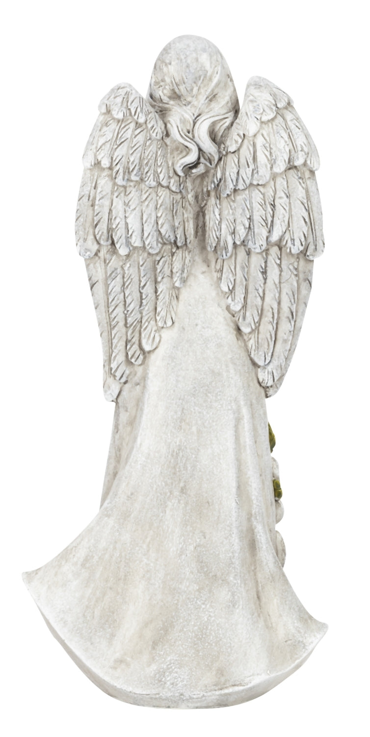 Grave angel with picture frame and tea light holder, heart-shaped, 20.5 x 20 cm, grey with gold cross, memorial figure with inscription
