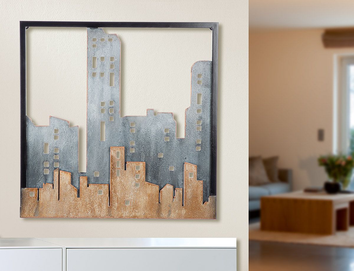 Wandrelief City Skyline Metall Blau Braun 50x50 cm