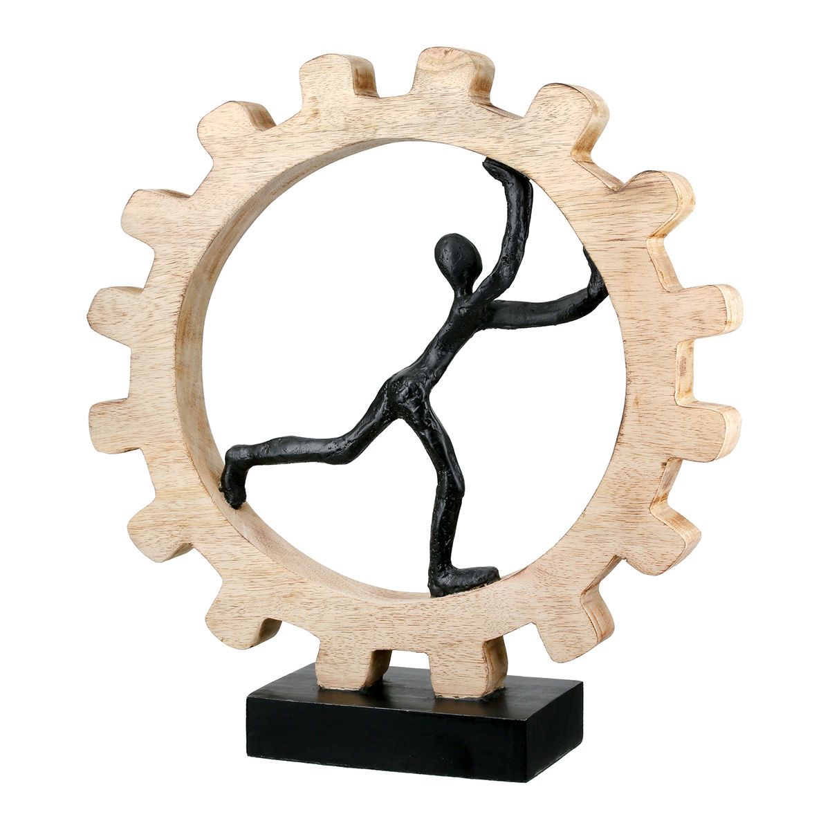 Skulptur Zahnrad Mangoholz mit Figur Aluminium 36 cm