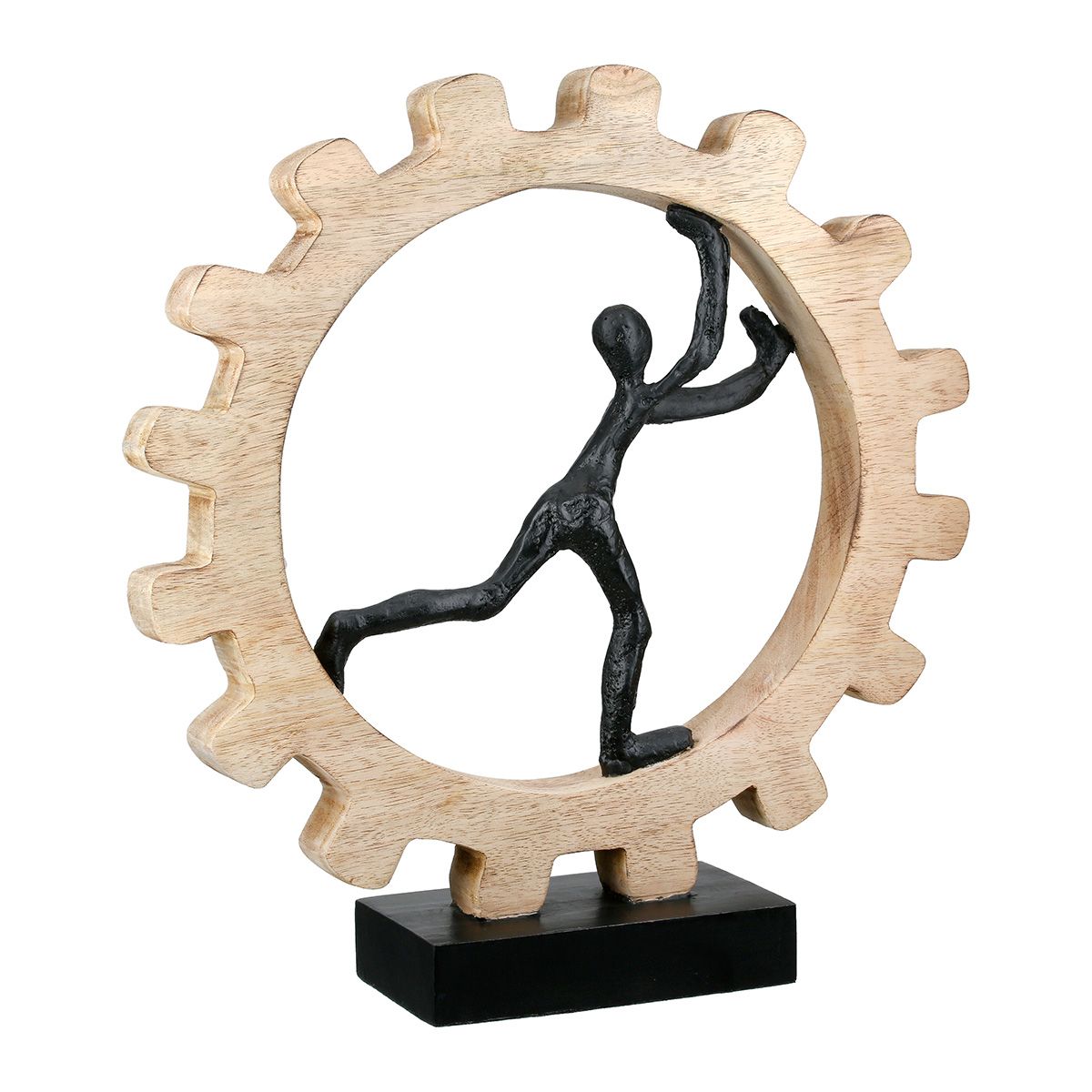 Skulptur Zahnrad Mangoholz mit Figur Aluminium 36 cm