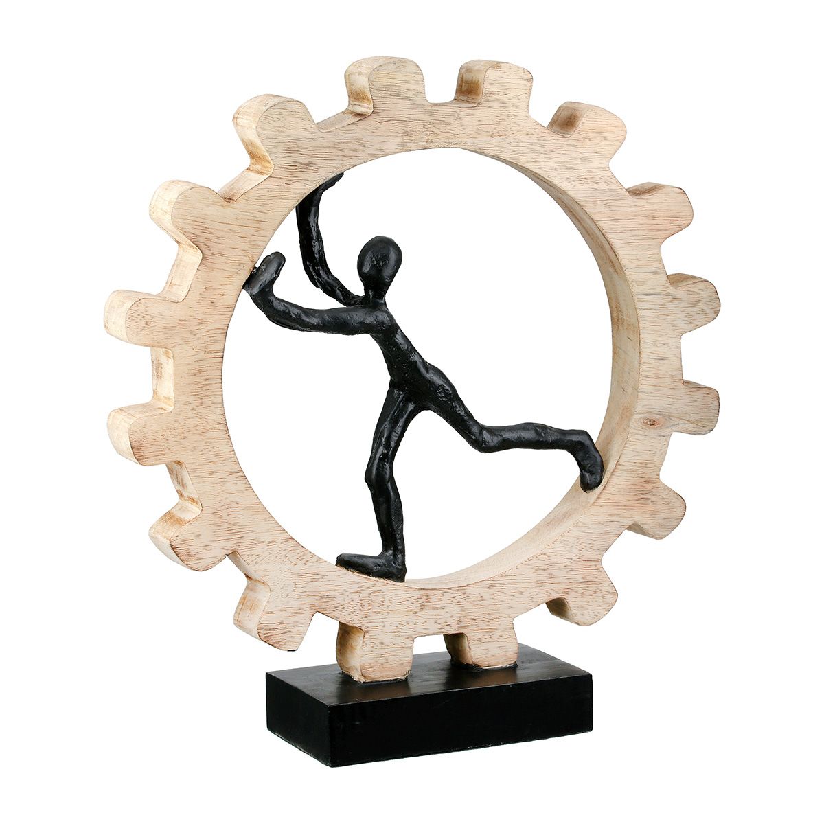 Skulptur Zahnrad Mangoholz mit Figur Aluminium 36 cm