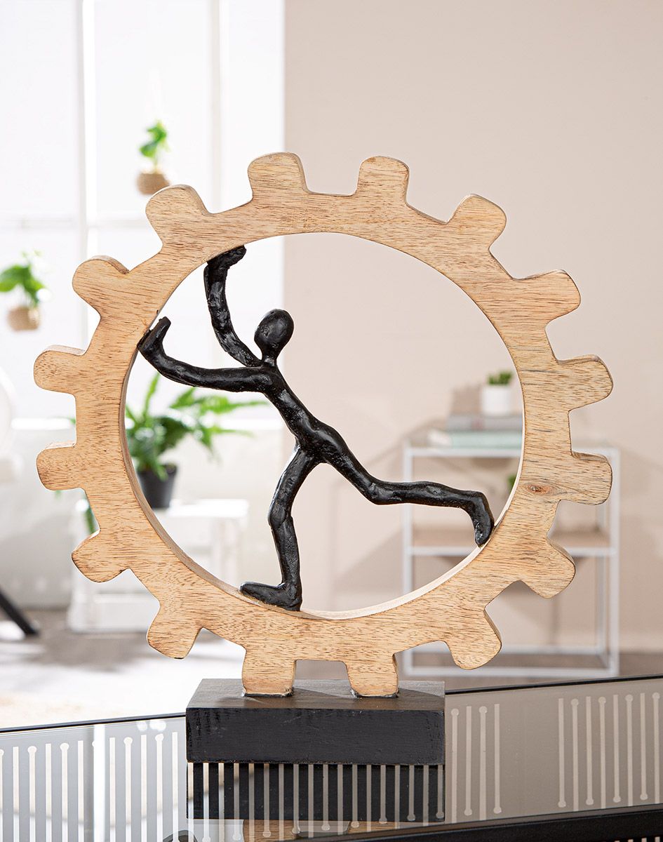 Skulptur Zahnrad Mangoholz mit Figur Aluminium 36 cm