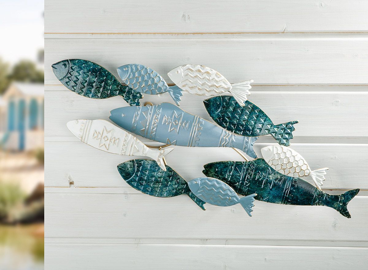 Pesca Fischmotiv Wandrelief Metall Blau Weiß 71x30cm Wanddeko