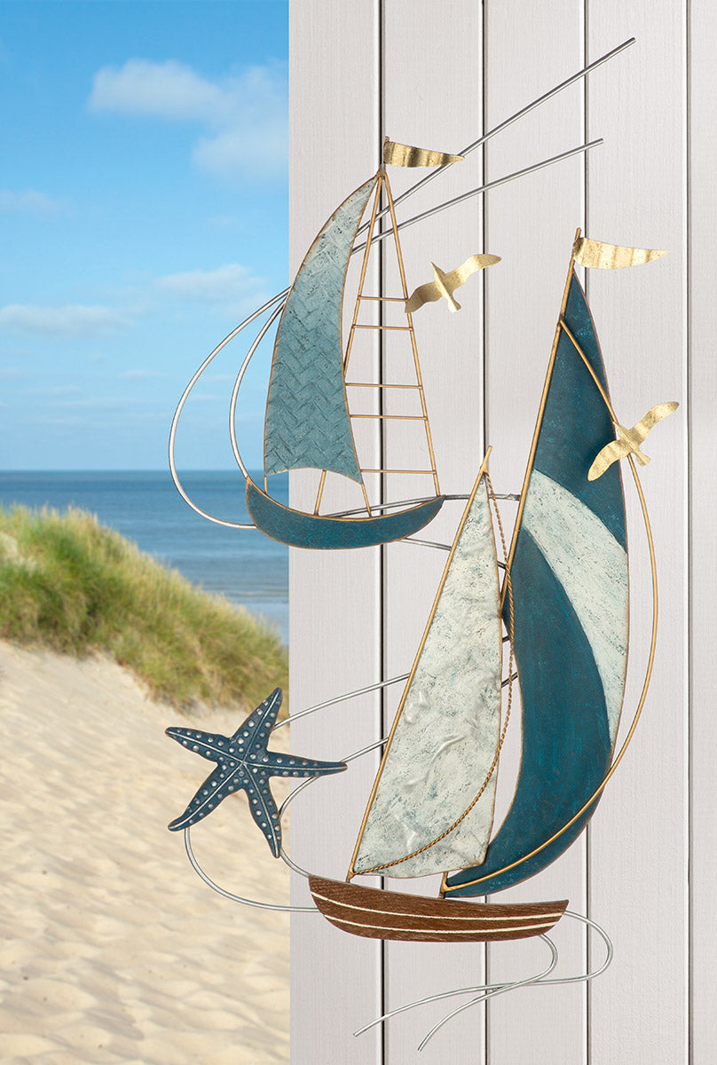 Wandrelief Bootstour Metall blau weiß maritim mit Seestern