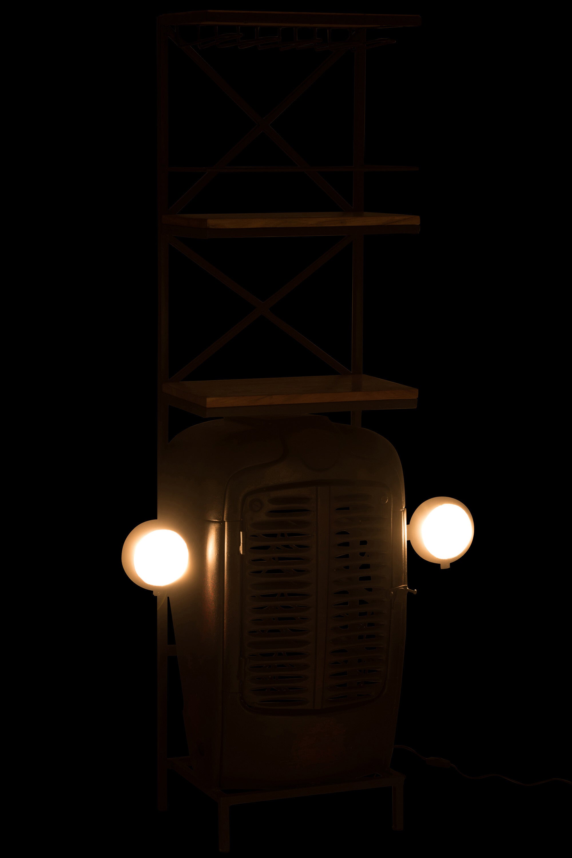 Rustikales handgefertigtes Traktor-Weinregal aus Metall und Holz in Schwarz und Naturfarben