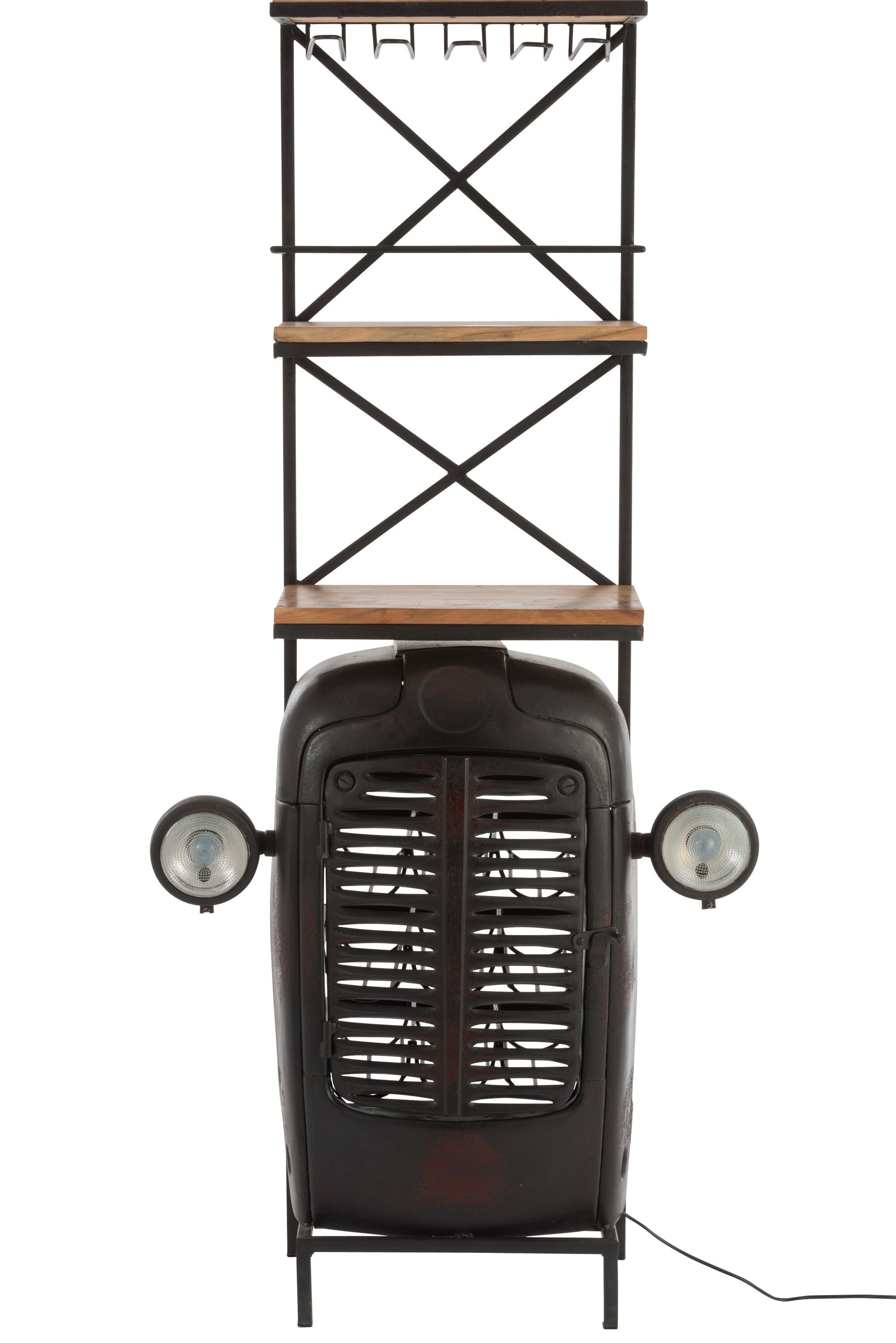 Rustikales handgefertigtes Traktor-Weinregal aus Metall und Holz in Schwarz und Naturfarben