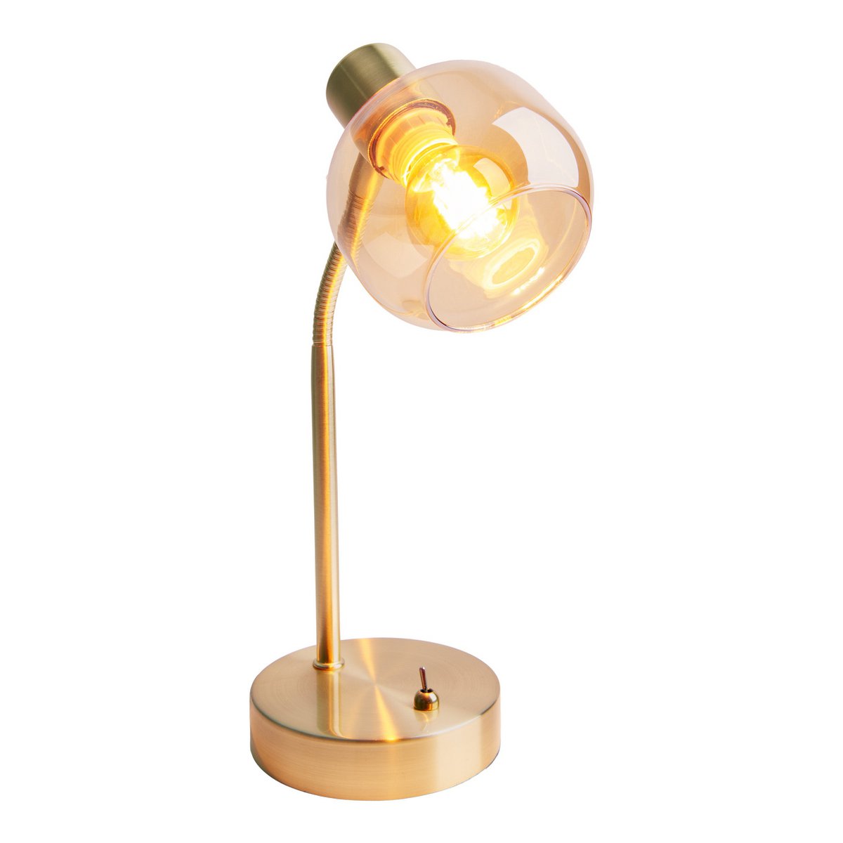 Tischleuchte "LIBBY", klassische Tischlampe aus messingfarbenem Metall und getöntem Glas in Amber, mit E14-Fassung, für Esszimmer, Wohnzimmer, Diele oder Büro, 34 cm hoch