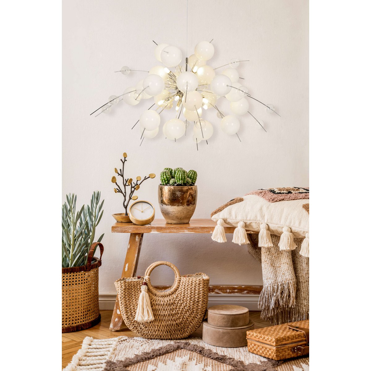 Pendelleuchte "EXPLOSION" weiß, aus Metall und Glas, G9 Fassungen, Hängelampe für Esszimmer, Wohnzimmer, Diele oder Büro, Øca. 98 cm