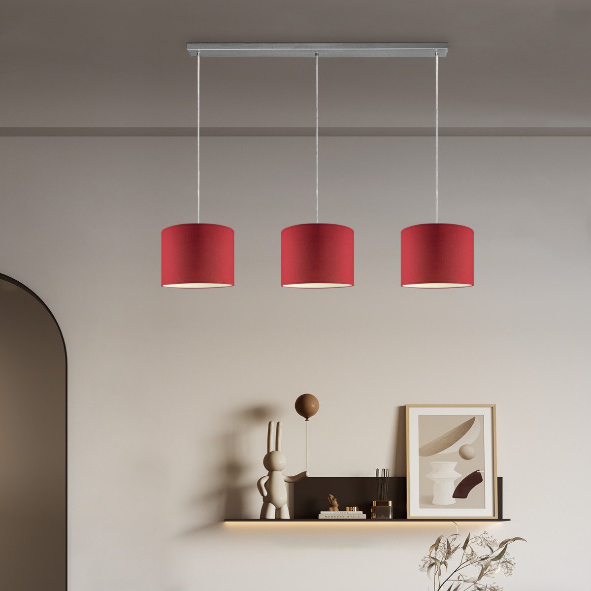 Hängelampe Beam 3L, E27, roter Lampenschirm, 25cm