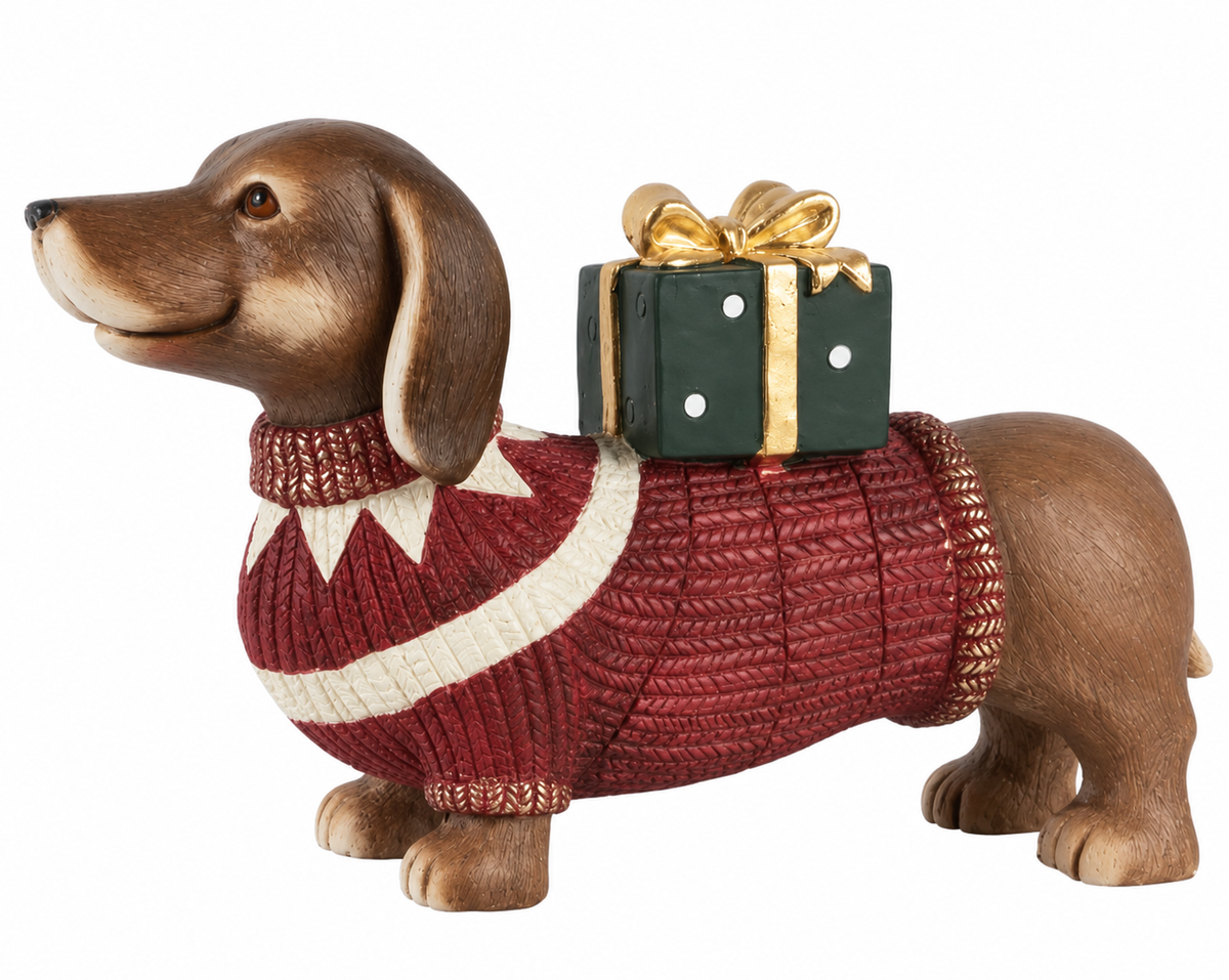 Weihnachtsfigur Dackel Oskar mit Geschenk rot 47 cm