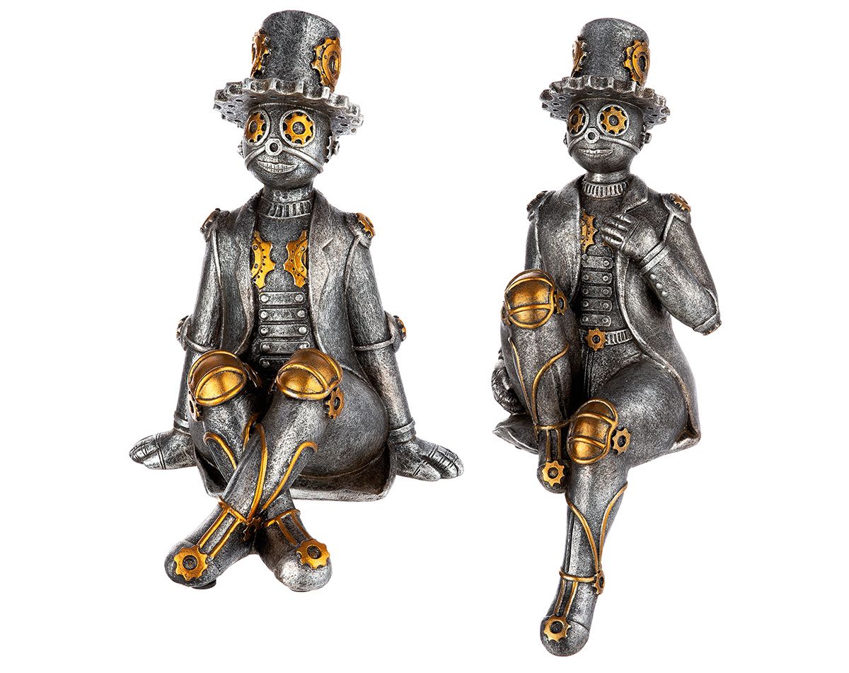 2er Set Tin Man Kantensitzer Skulptur - Polyresin in Silber und Kupferfarben