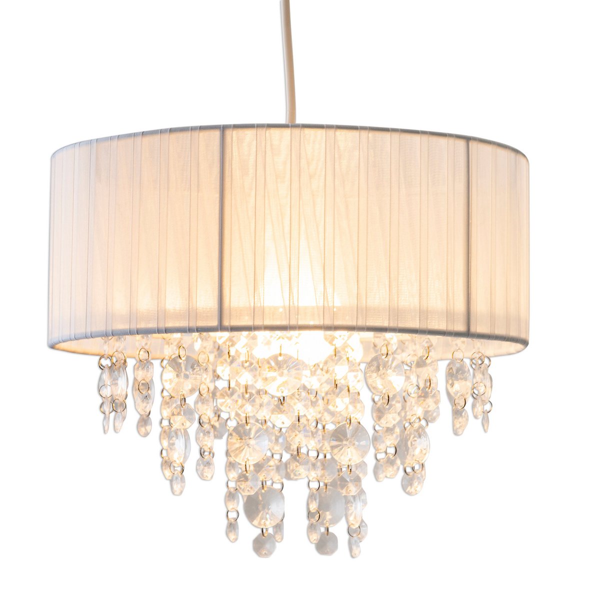 Deko-Pendelleuchte "KRISTALLO", Hängelampe aus Metall, transparentem Kunststoff und weißem Textilmaterial, E27-Fassung, für Esszimmer, Wohnzimmer, Diele oder Büro, 30 cm Durchmesser