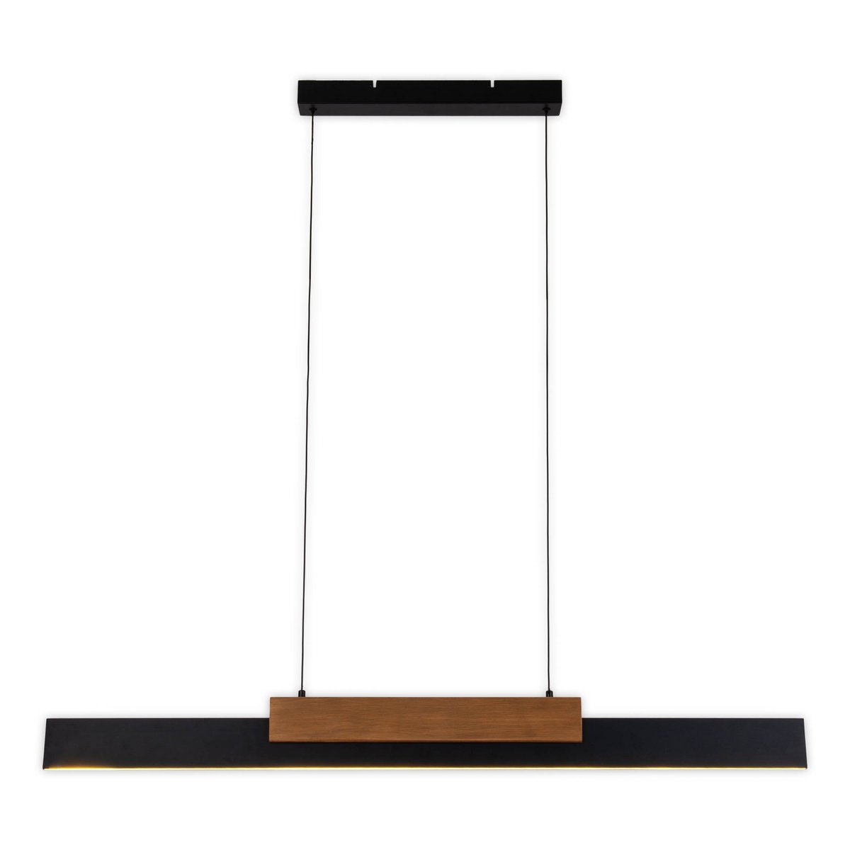LED Pendelleuchte braun "WIEBKE" besteht aus Metall und Holz (MDF) in Schwarz und Braun. Sie ist ca. 120,5 cm lang, ca. 6 cm breit und bis ca. 150 cm hoch. höhenverstellbar, mit integriertem Leuchtmittel, dimmbar, mit Memory-Effekt