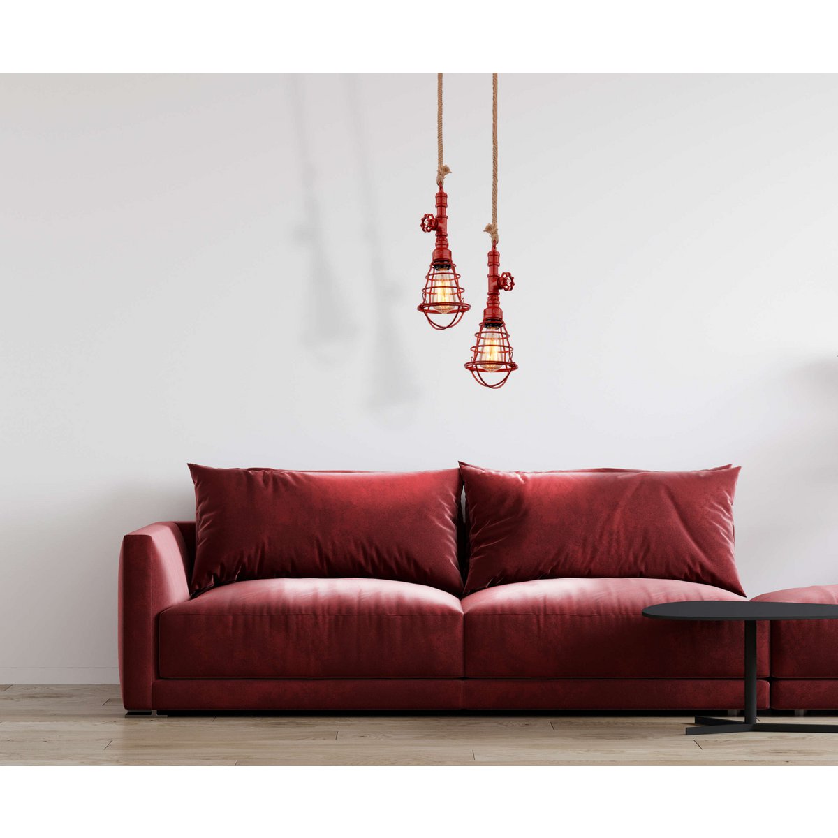 Pendelleuchte "REGIA", rotes Metall, Hanfseil, E27-Fassung, Beleuchtung für Wohnzimmer, Jugenzimmer oder Büro