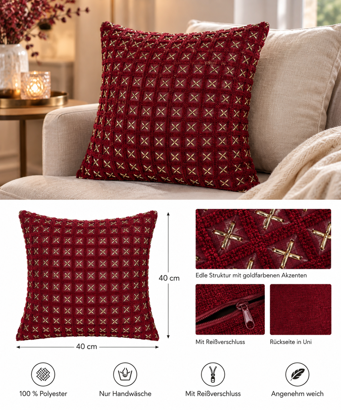 Dekokissen Golden Cross dunkelrot gold 40 x 40 cm 2er Set