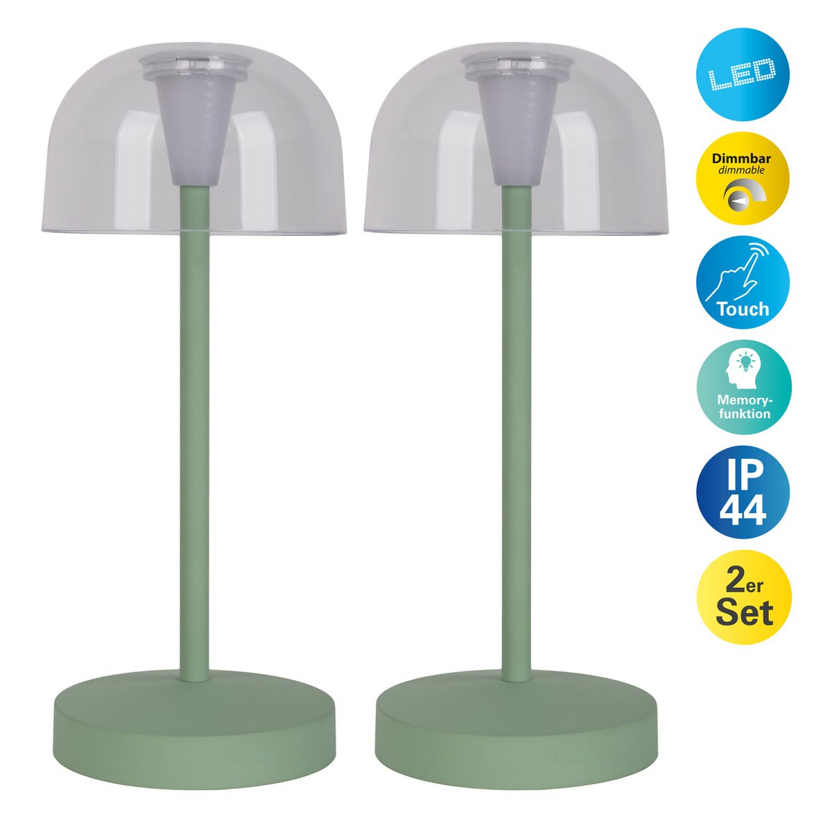 2-er Set LED-Akku-Tischleuchte "GOMBA" für Außen und Innen, aus Metall und Kunststoff in Mint , 18,5 cm hoch