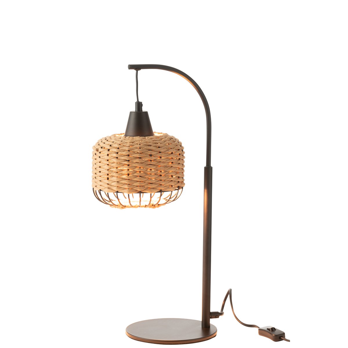 Tischlampe im Boho Stil mit natürlichem Rattanschirm und Metallfuß