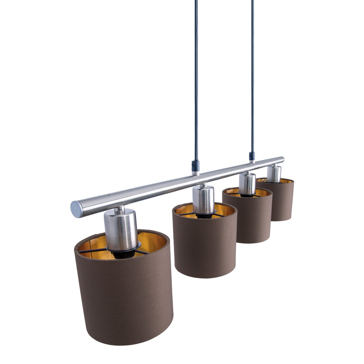 4er Pendelleuchte "MARON" aus Metall satiniert-matt mit Stoffschirmen in Braun, mit E14-Fassung, Lampe für Wohnzimmer oder Esszimmer,71,5 x 12 cm