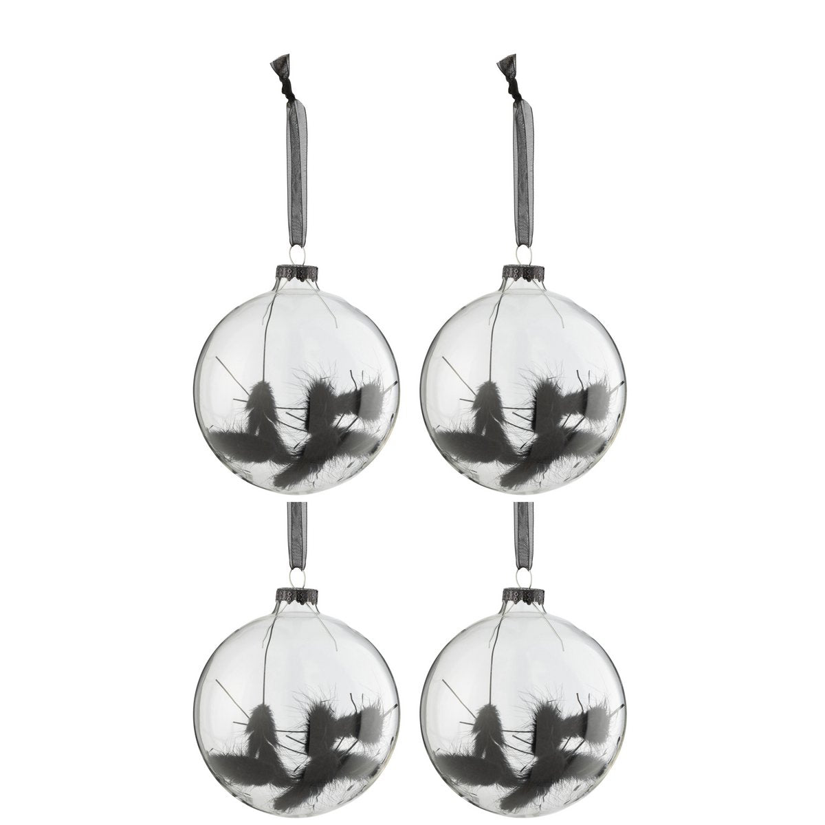 J-Line Box mit 4 Weihnachtskugeln, rund, getrockneter Hasenschwanz, schwarzes Glas, transparent, mittelgroß