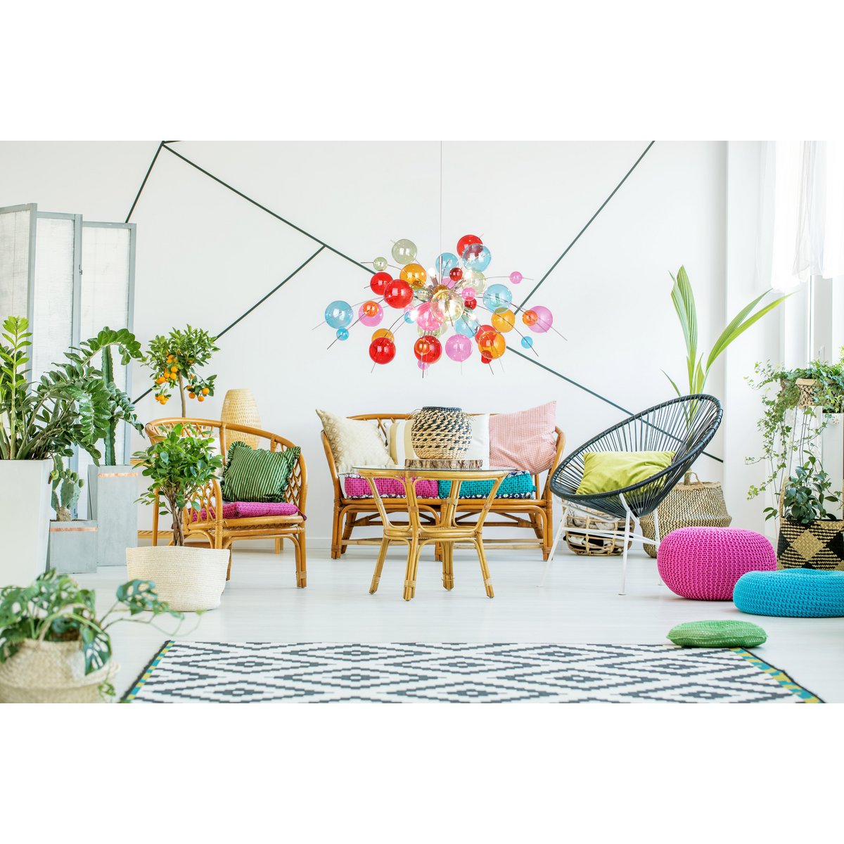 Pendelleuchte "EXPLOSION" bunt aus Metall und Glas, G9 Fassungen, Hängelampe für Esszimmer, Wohnzimmer, Diele oder Büro, Øca. 98 cm