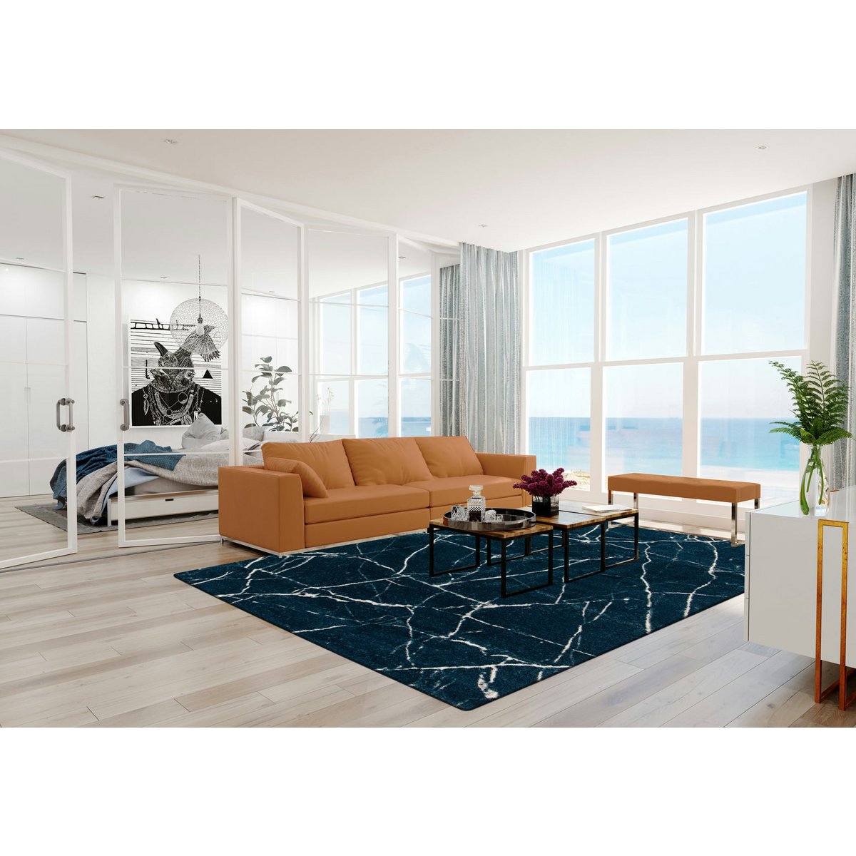 Weicher dunkler und glatter dunkelblauer Teppich Marmor