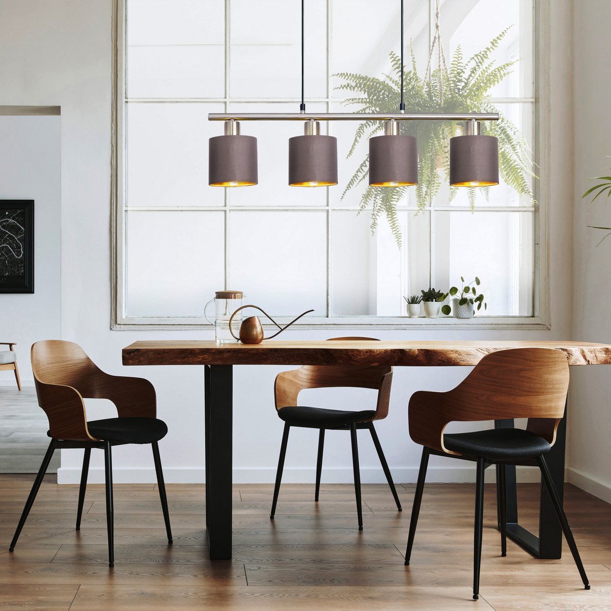 4er Pendelleuchte "MARON" aus Metall satiniert-matt mit Stoffschirmen in Braun, mit E14-Fassung, Lampe für Wohnzimmer oder Esszimmer,71,5 x 12 cm